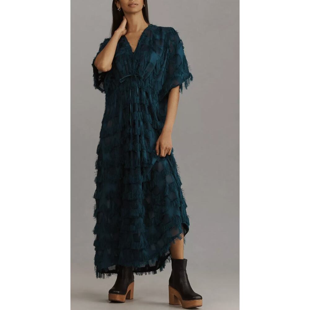 By Anthropologie Fringe Blue Teal Kaftan Dress One Size